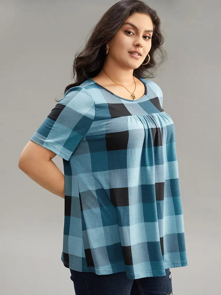 Plaid Round Neck Gathered T-Shirt