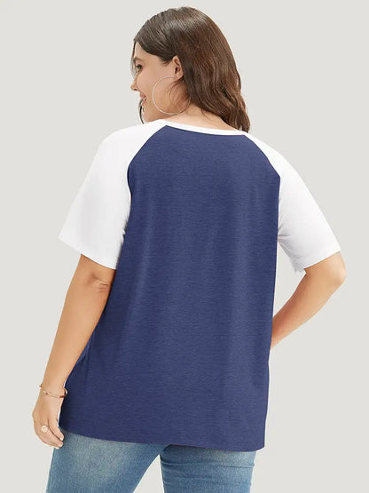 Colorblock Contrast Notched Raglan Sleeve T-shirt