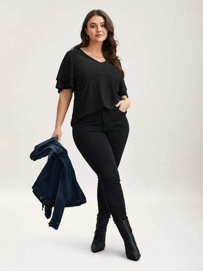 Jacquard Textured Lotus Leaf Sleeve Top