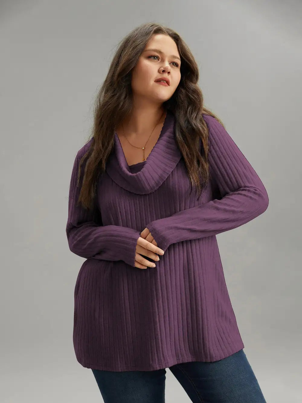 Plain Rib Knit Cowl Neck T-Shirt
