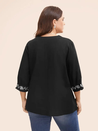 Cotton Floral Embroidered Notched Collar Frill Trim Blouse