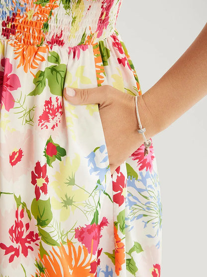 Floral Backless Shirred Square Neck Pocket Ruffle Hem Dress