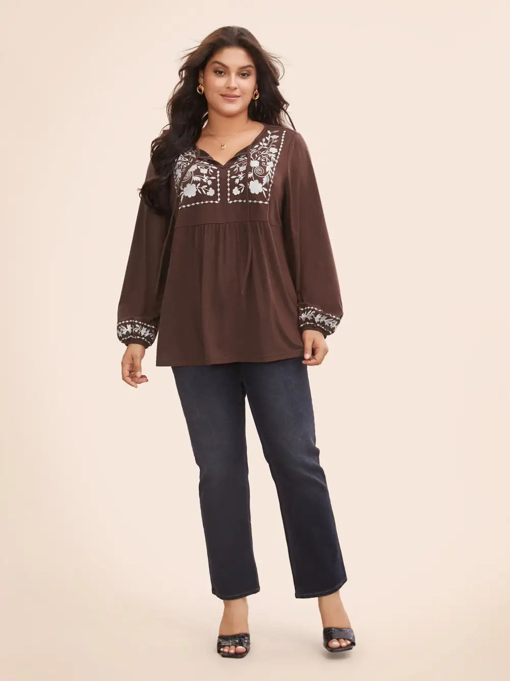 Floral Embroidered Knot Neck Lantern Sleeve T-Shirt