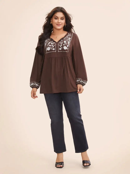 Floral Embroidered Knot Neck Lantern Sleeve T-Shirt
