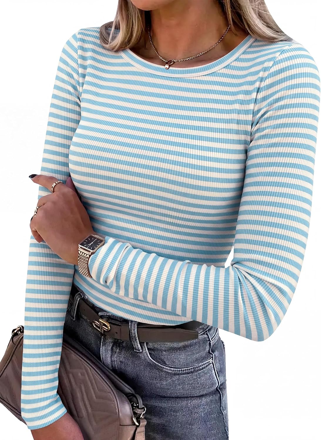 Women Long Sleeve Shirts Ribbed Fitted Tops