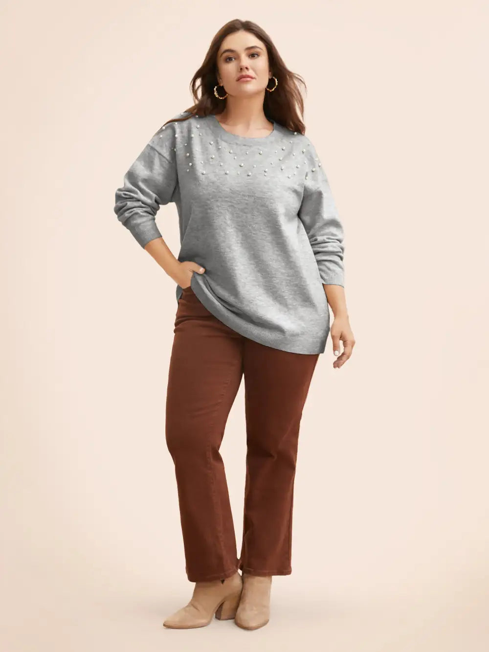 Round Neck Pearl Beaded Pullover