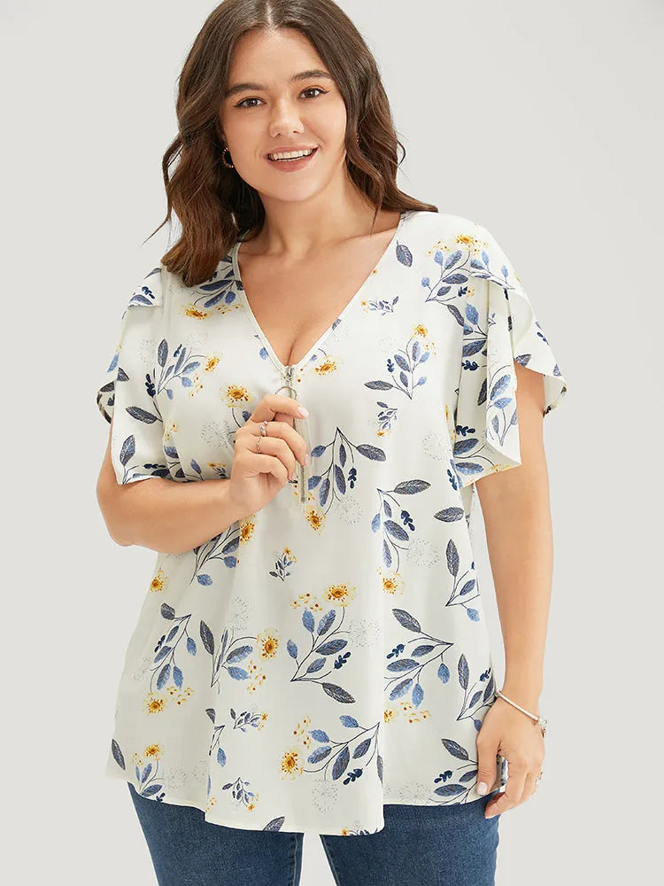 Floral O Ring Zipper Split Petal Sleeve Blouse