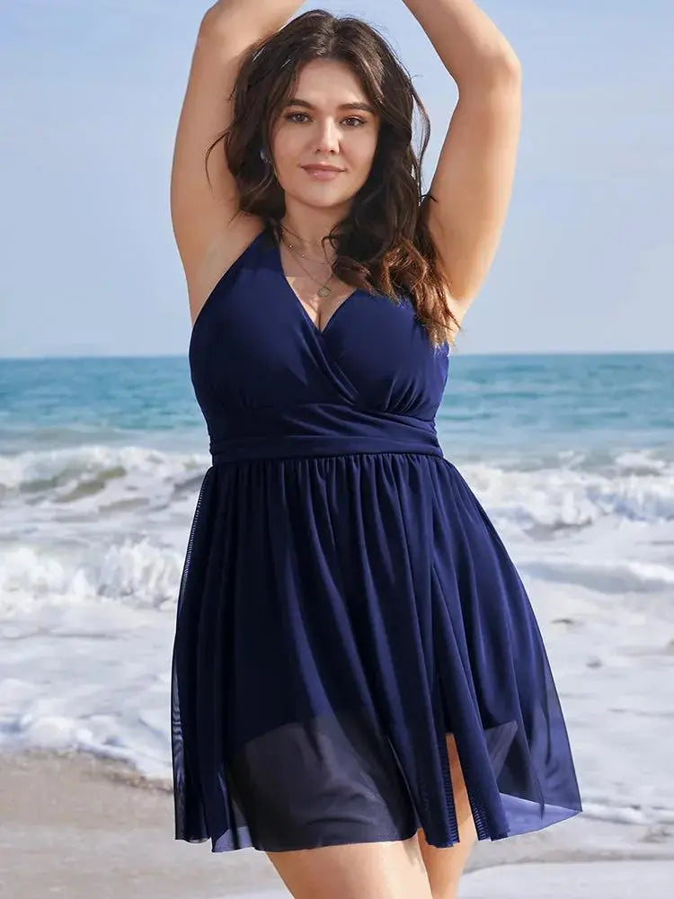 Sculpt Waist Ruched Split Hem Swim Dress