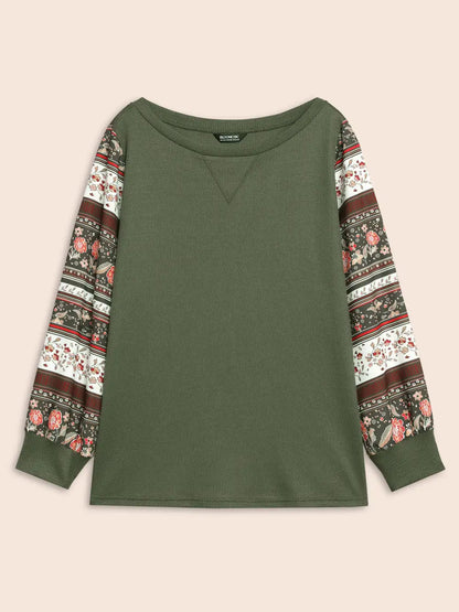 Boho Print Patchwork Crew Neck Sweatshirt