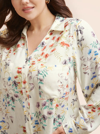 Shirt Collar Floral Patched Pocket Blouse