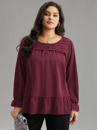 Static-Free Plain Pleated Ruffles Lantern Sleeve Blouse