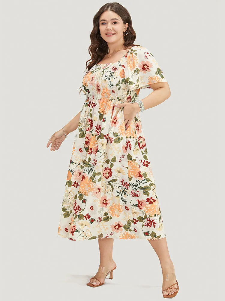 Floral Backless Shirred Square Neck Pocket Ruffle Hem Dress