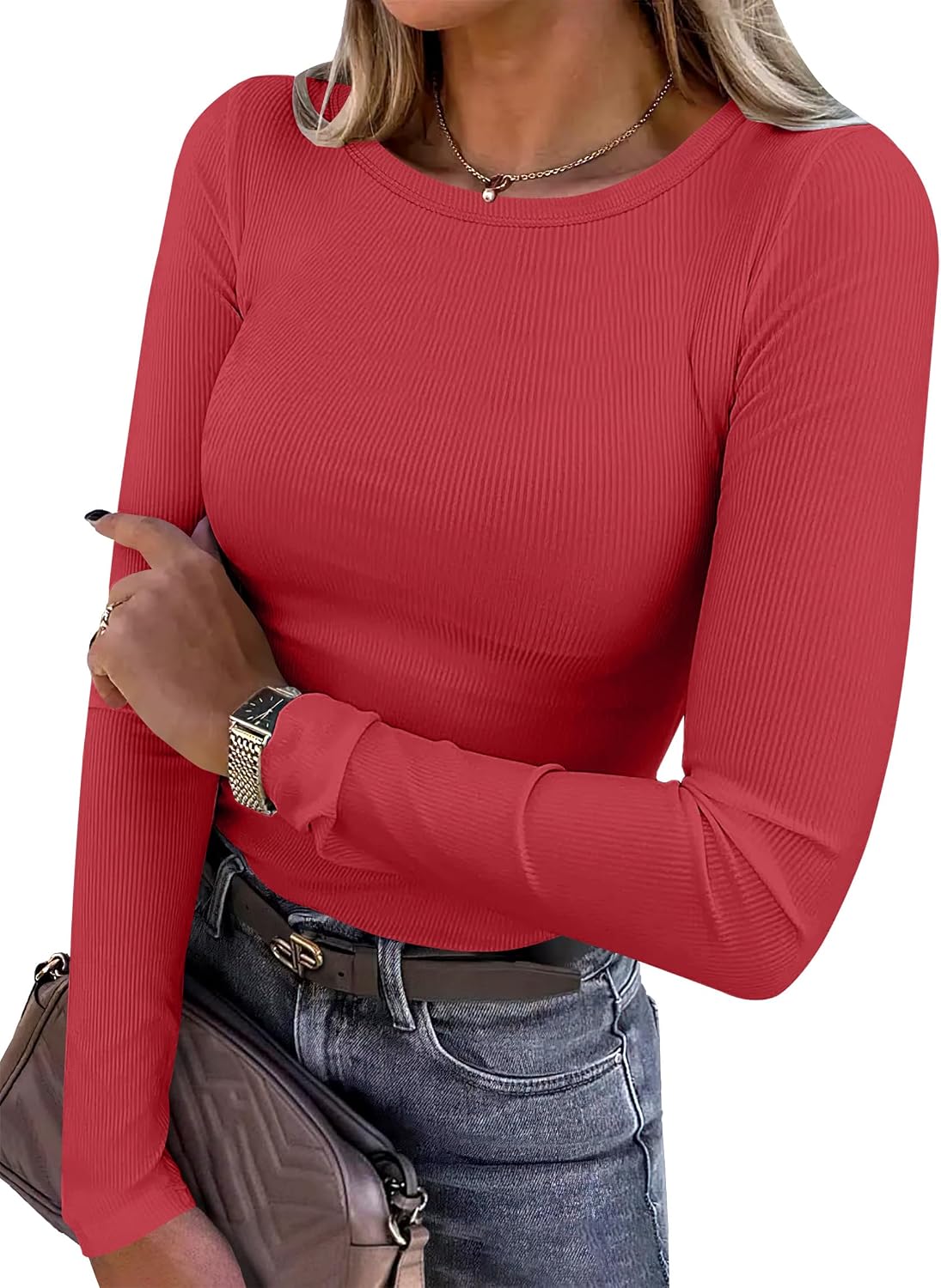 Women Long Sleeve Shirts Ribbed Fitted Tops