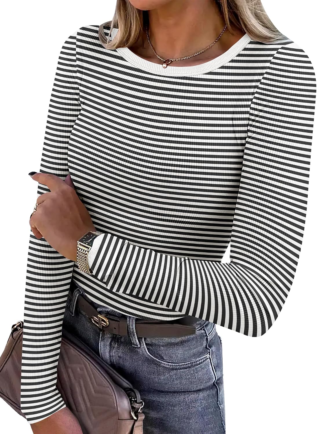Women Long Sleeve Shirts Ribbed Fitted Tops