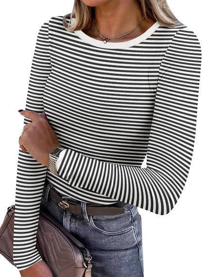 Women Long Sleeve Shirts Ribbed Fitted Tops