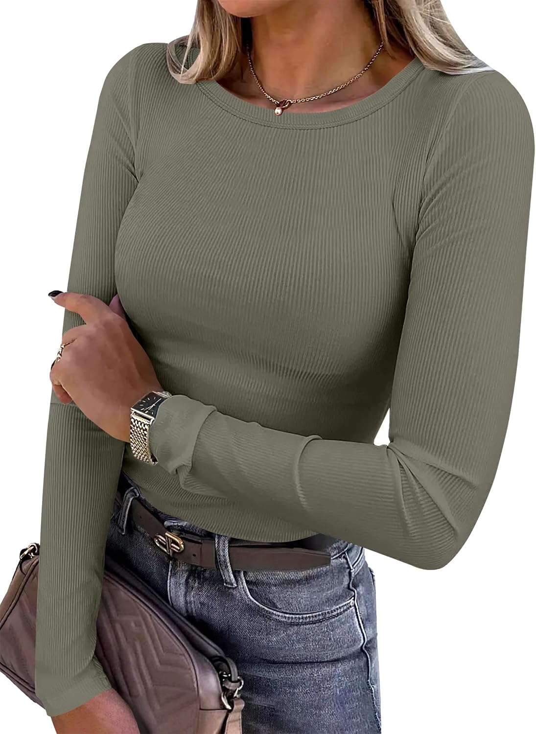 Women Long Sleeve Shirts Ribbed Fitted Tops
