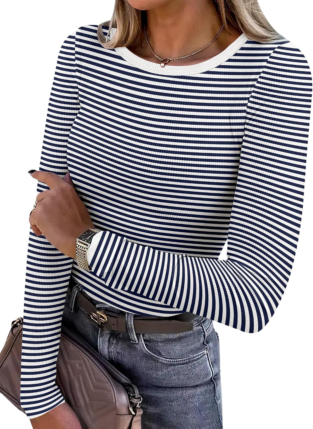 Women Long Sleeve Shirts Ribbed Fitted Tops
