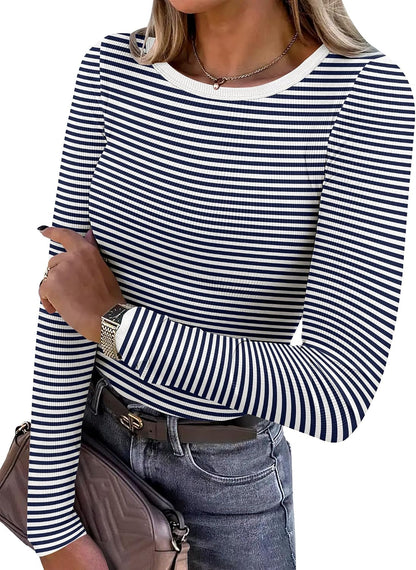 Women Long Sleeve Shirts Ribbed Fitted Tops