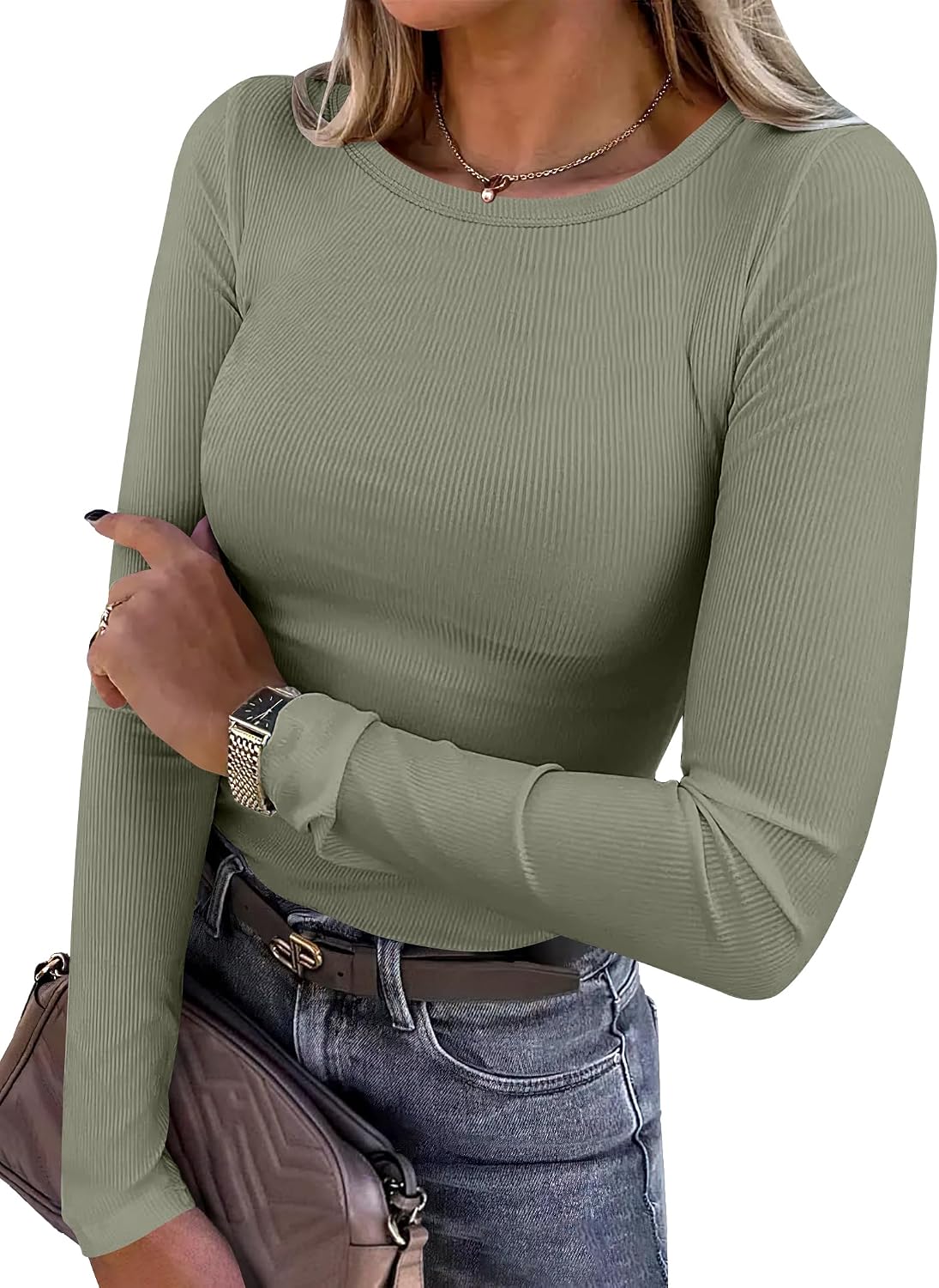 Women Long Sleeve Shirts Ribbed Fitted Tops