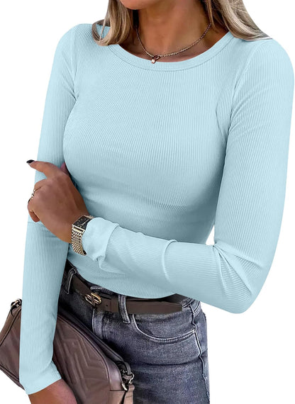 Women Long Sleeve Shirts Ribbed Fitted Tops