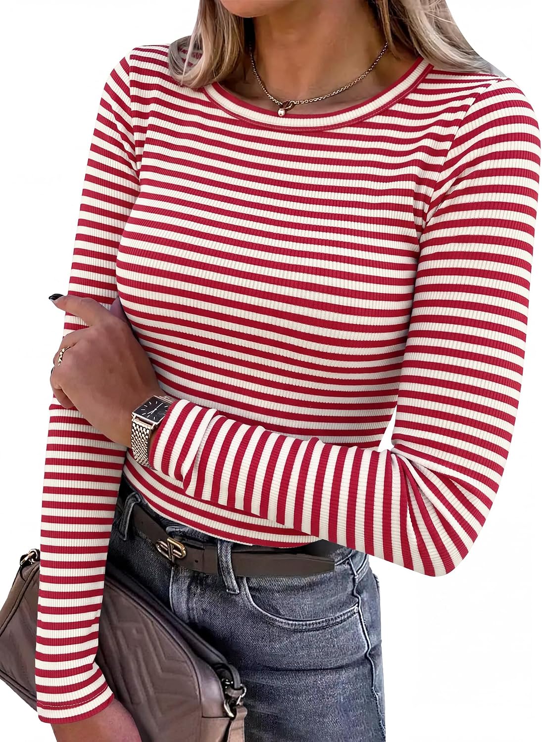 Women Long Sleeve Shirts Ribbed Fitted Tops