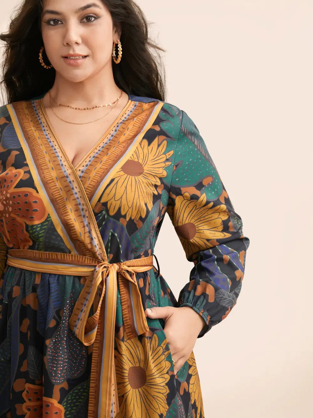 Boho Print Belted Lantern Sleeve Dress