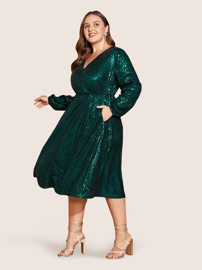Solid Pocket Lantern Sleeve Wrap Sequin Dress