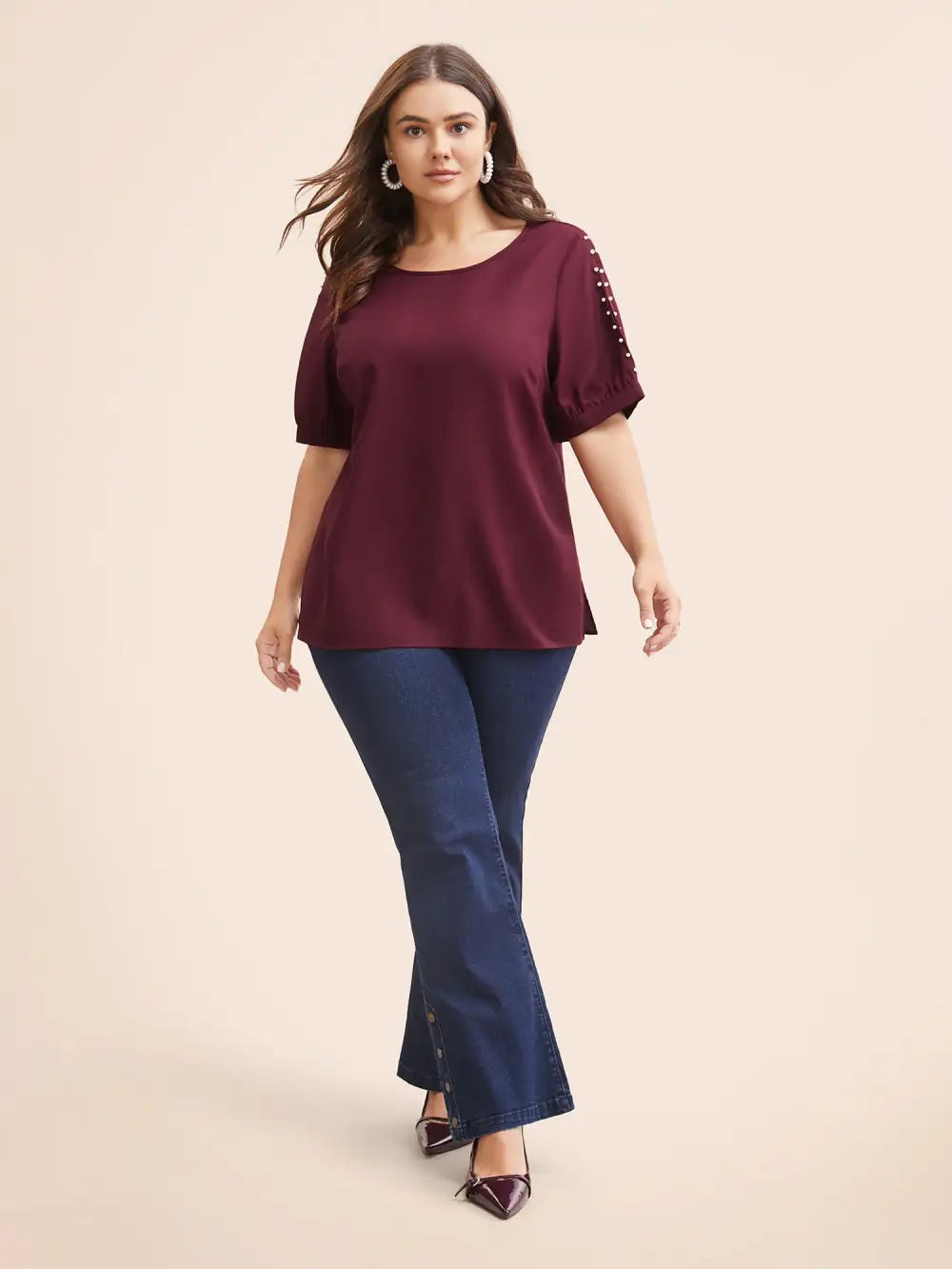 Round Neck Pearl Beaded Cut Out Blouse