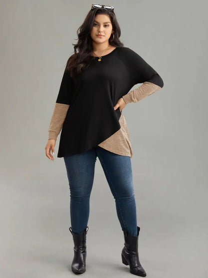 Two Tone Patchwork Heather Arc Hem T-Shirt
