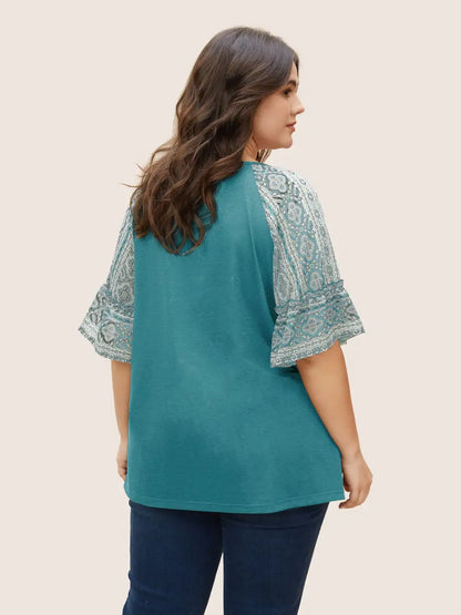 Boho Print Patchwork Raglan Sleeve T-Shirt