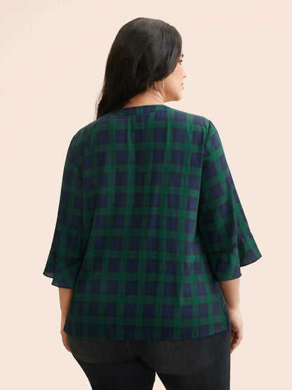 Notched Plaid Ruffles Pleated Blouse