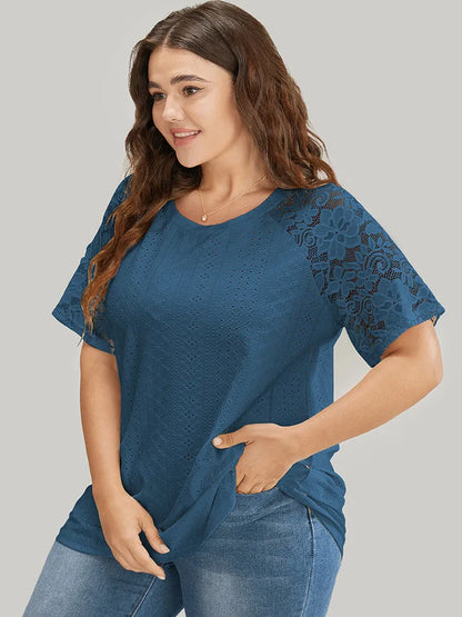 Solid Broderie Anglaise Lace Raglan Sleeve T-shirt