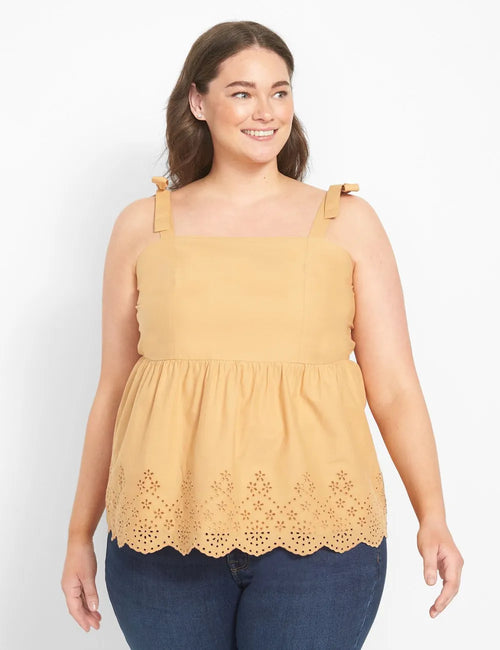 Classic Square-Neck Tie-Strap Tank With Embroidered Hem