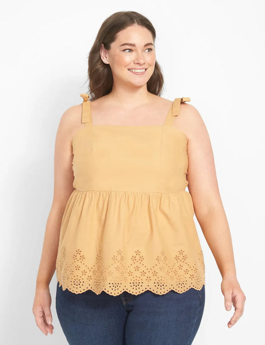 Classic Square-Neck Tie-Strap Tank With Embroidered Hem