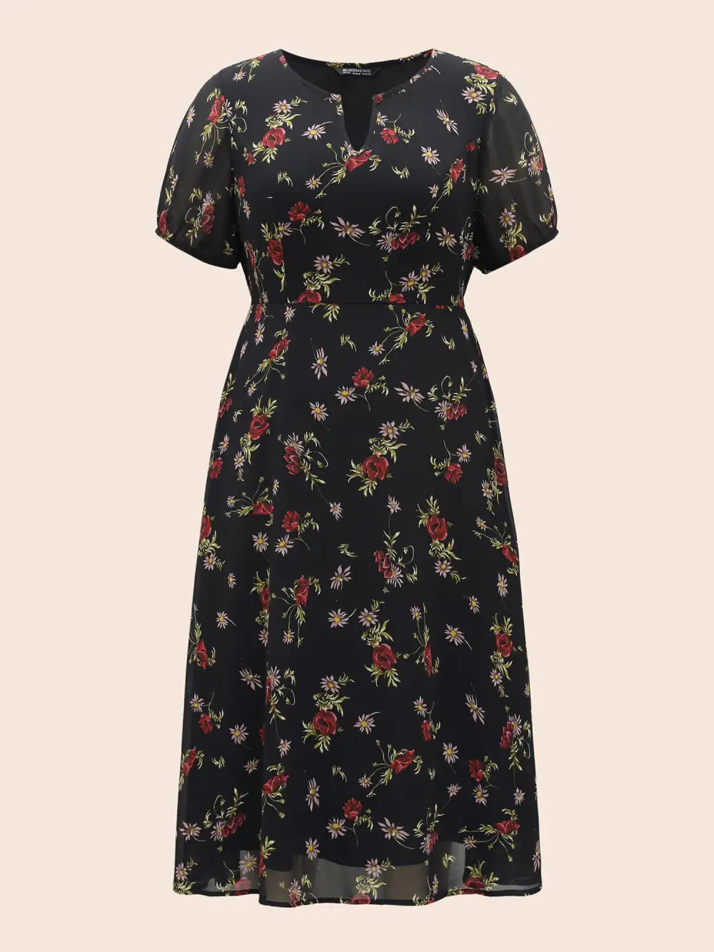 Floral Notched Chiffon Mesh Midi Dress
