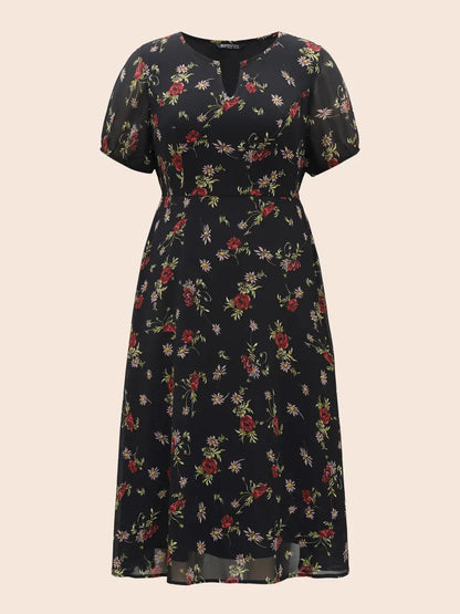 Floral Notched Chiffon Mesh Midi Dress
