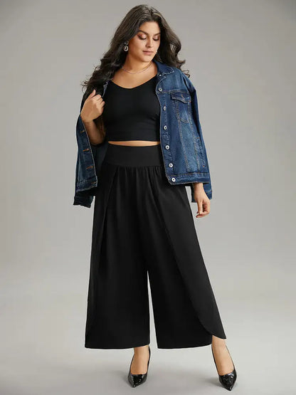 Plain Wrap Hem Wideband Waist Wide Leg Pants