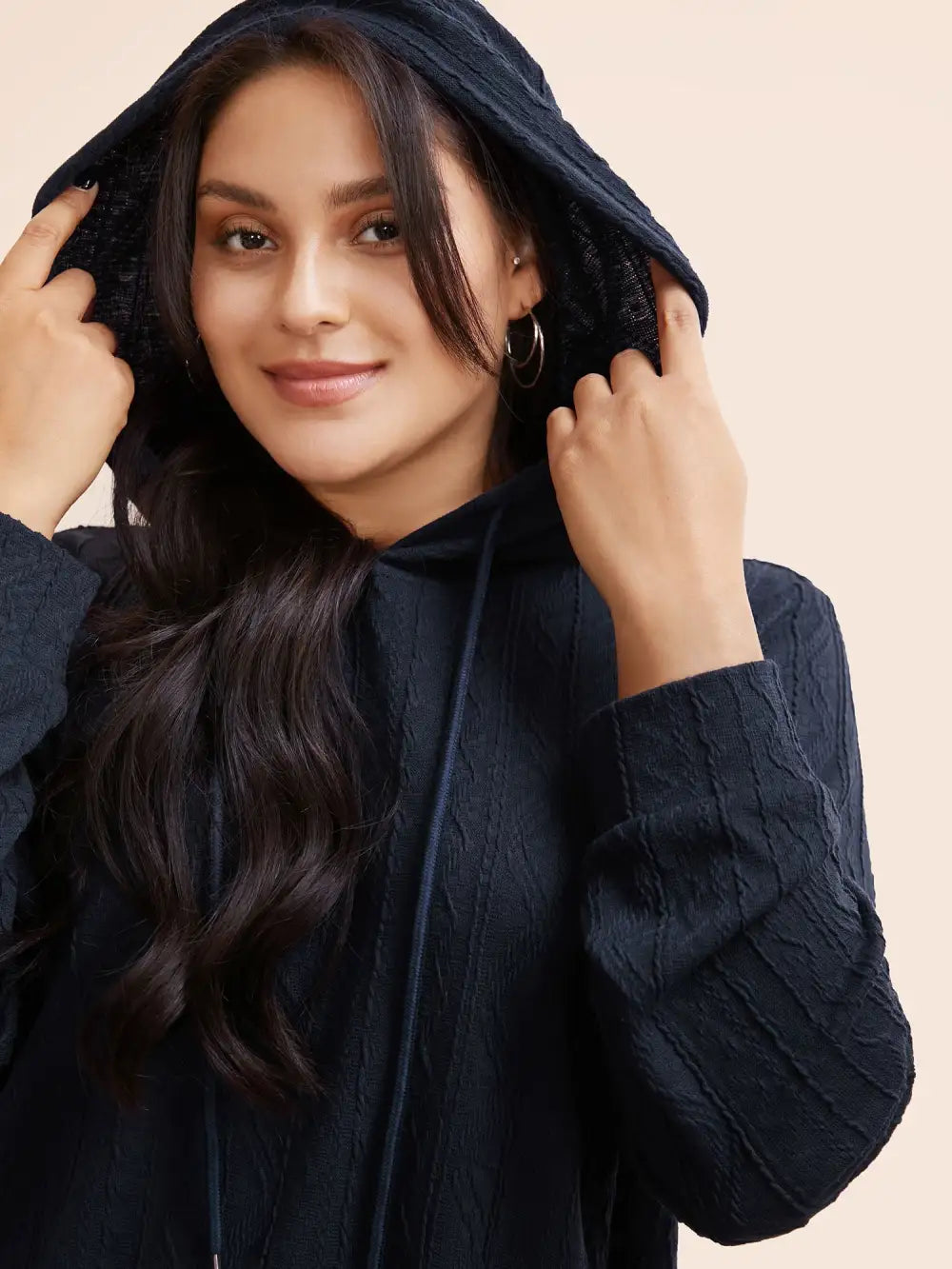Plain Textured Hooded Drawstring Sweatshirt
