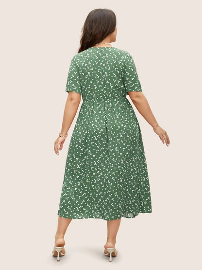 Ditsy Floral Button Detail Elastic Waist Midi Dress