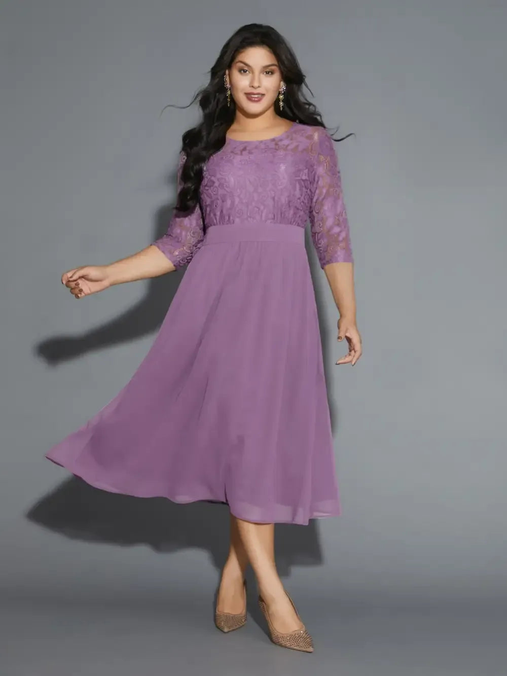 Lace Patchwork Shirred Midi Pocket Dress