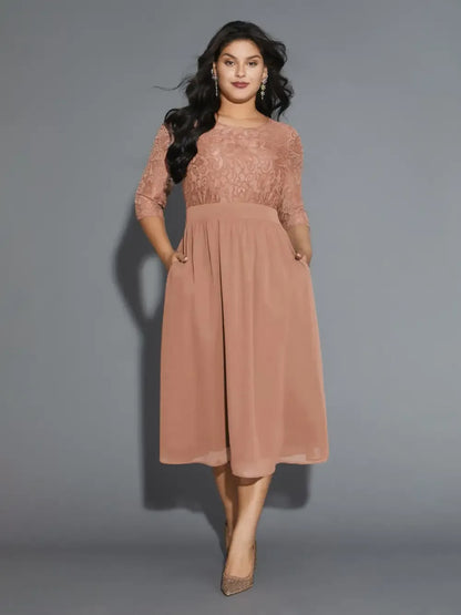 Lace Patchwork Shirred Midi Pocket Dress