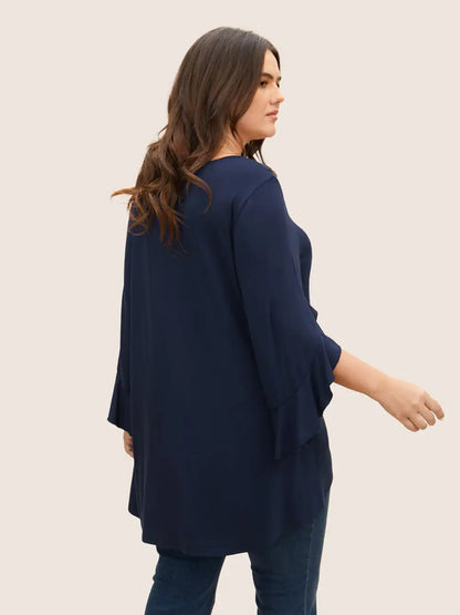 Solid Ruffle Sleeve High Low Hem T-Shirt