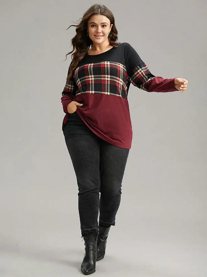 Plaid Contrast Patchwork Round Neck T-Shirt