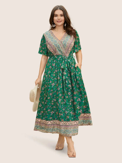 Bandana Surplice Neck Pocket Belted Flutter Hem Maxi Dress