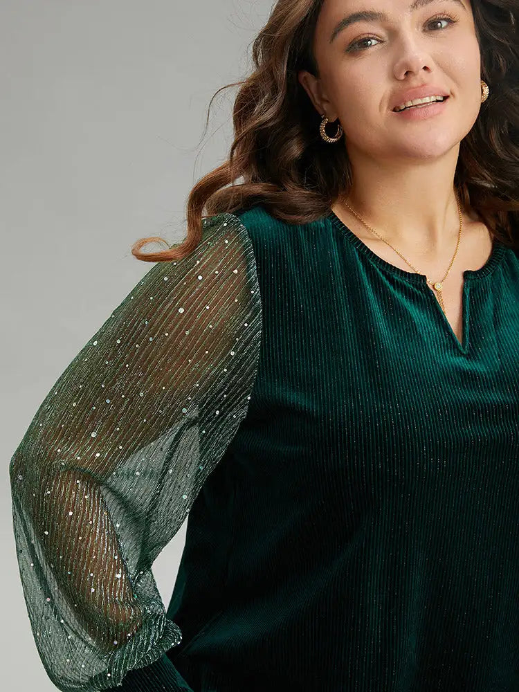 Velvet Patchwork Mesh Sequin Notched T-Shirt
