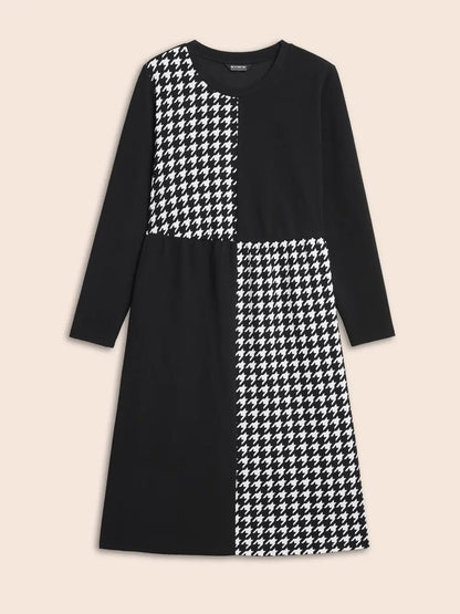 Houndstooth Patchwork Elastic Waist Dress