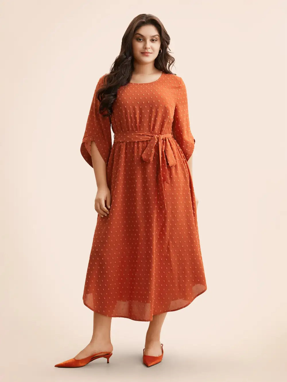 Textured Bell Sleeve Belted Arc Hem Dress