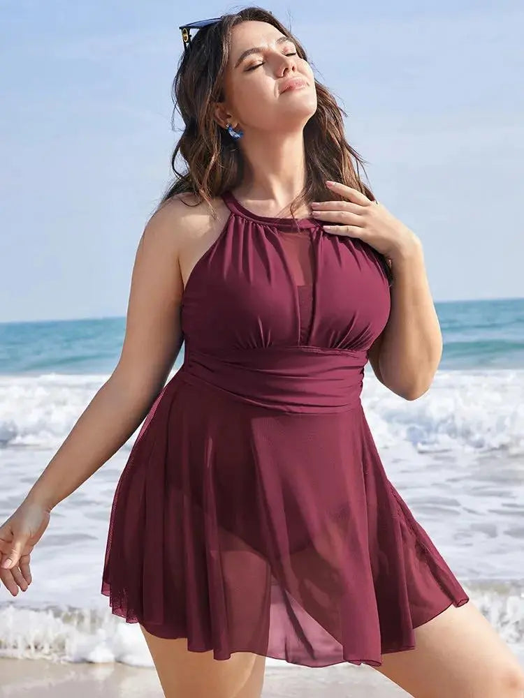 Knotted Back Mesh Insert Halter Swim Dress