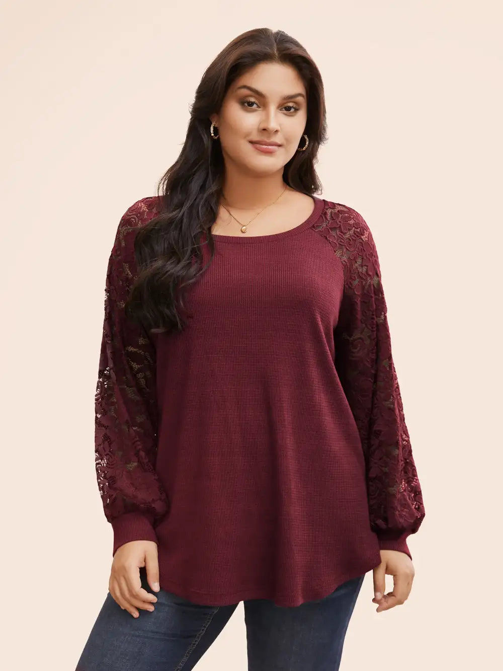 Plain Lace Panel Round Neck Raglan Sleeve T-Shirt