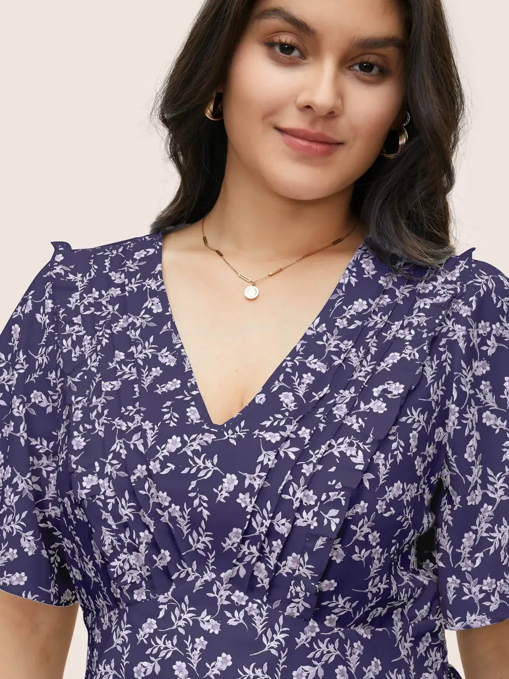 Floral Pleated Elastic Waist Ruffle Sleeve Blouse